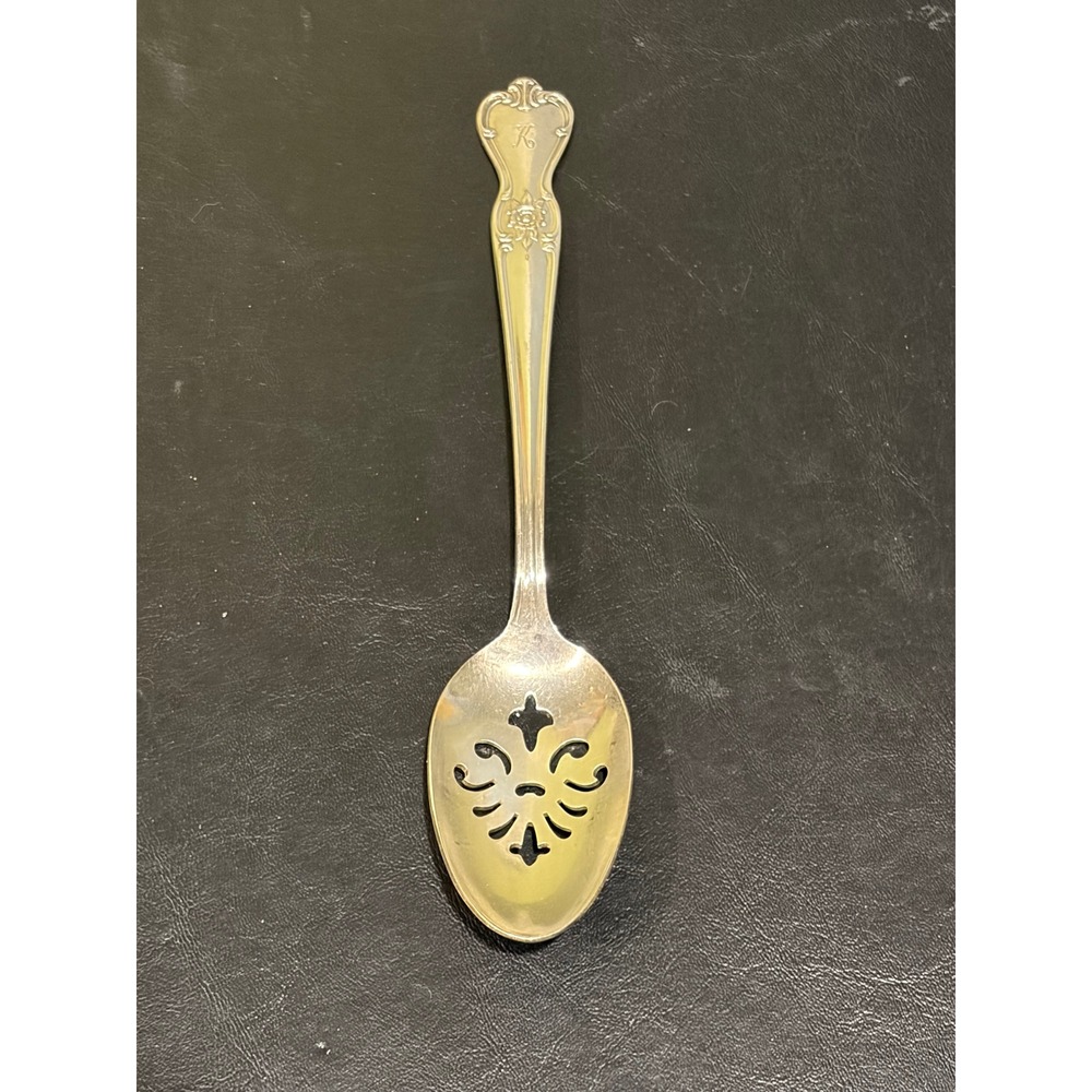 Old Company Plate Signature Silverplate slotted serving spoon with ENGRAVED "K"